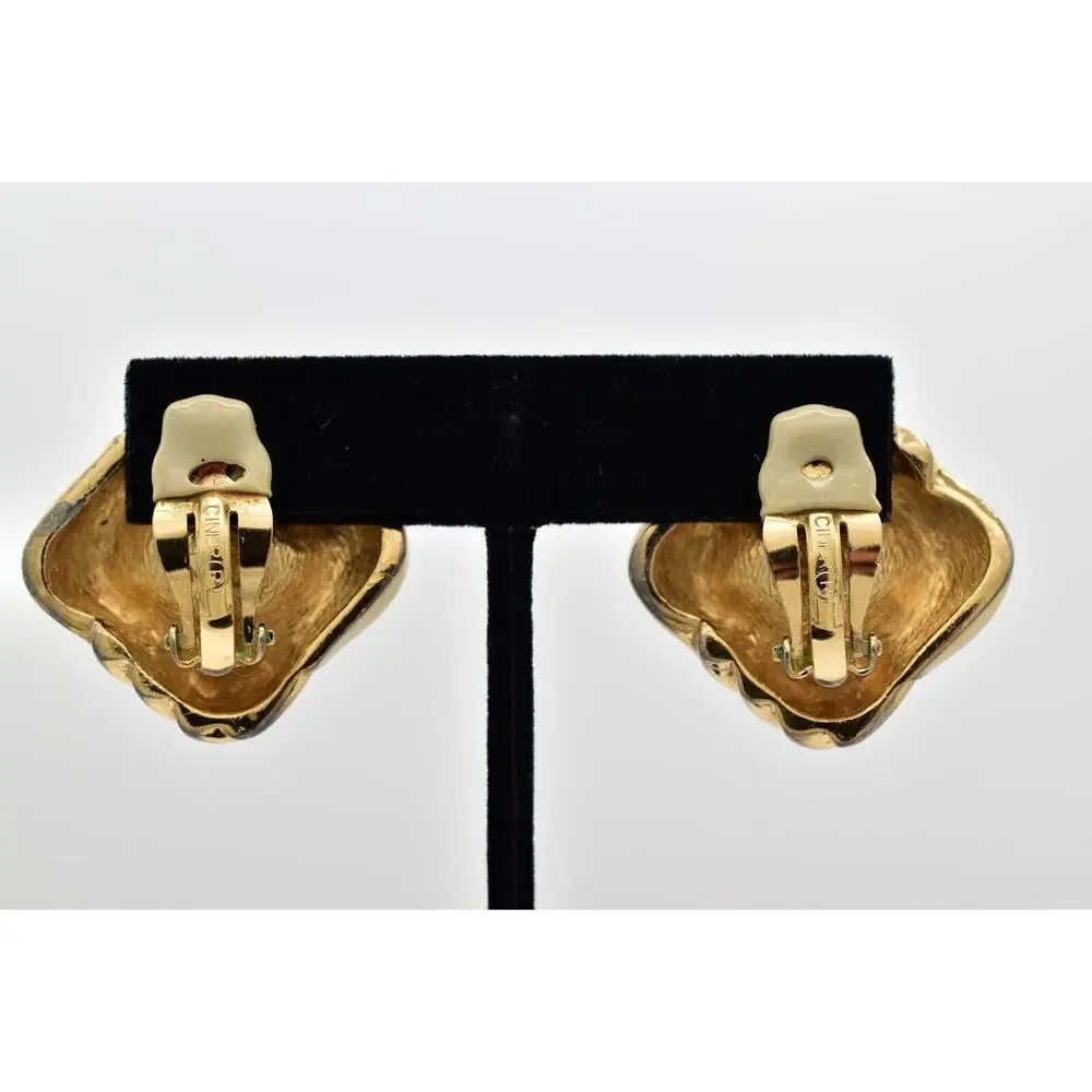 Ciner Vintage Cabochon Clip On Earrings Black Gold Heavy Chunky Signed 70s BinBB